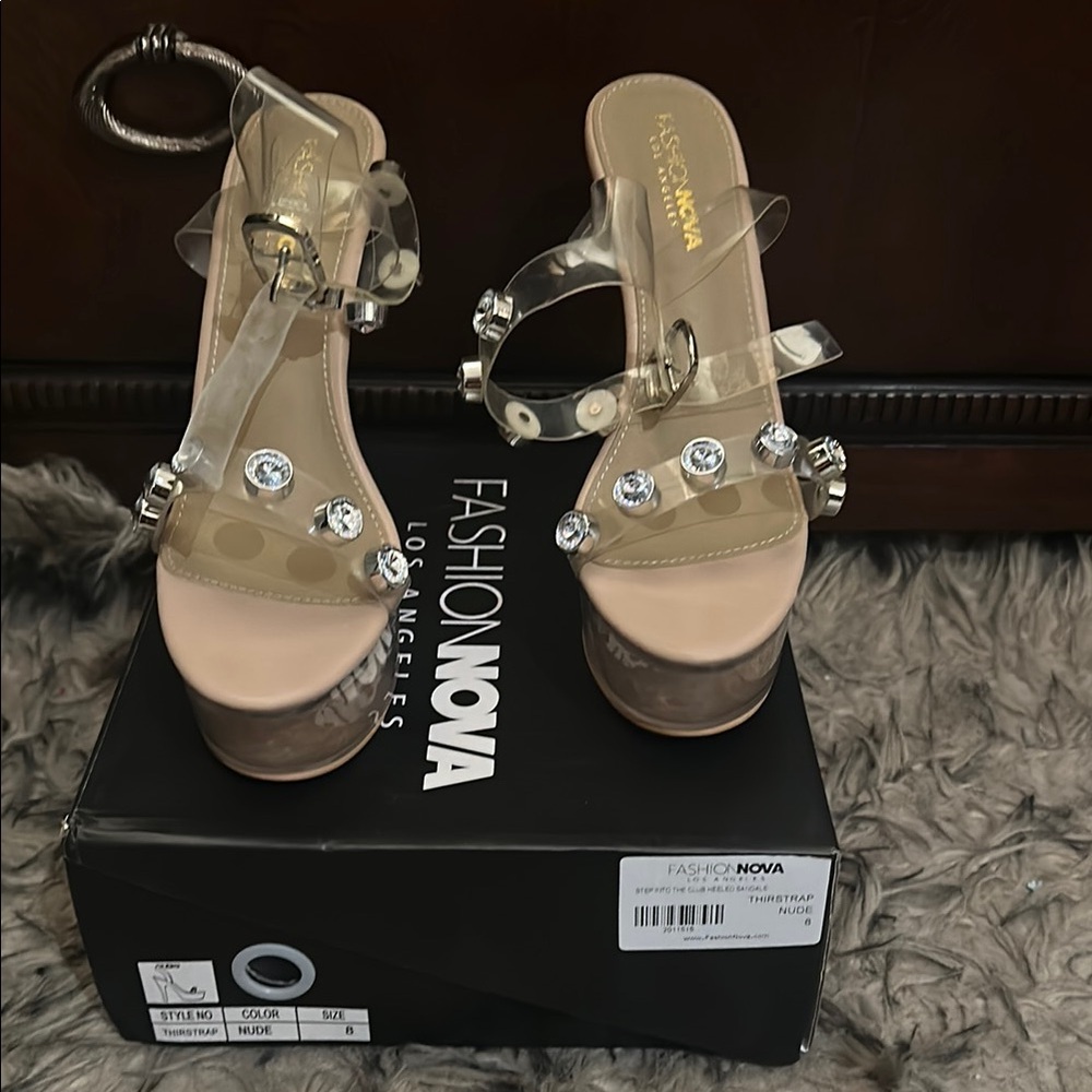 Fashion Nova Cream Tan Heels with Rhinestones
